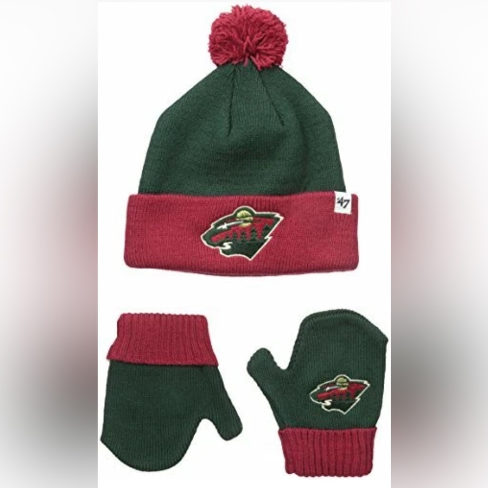 NWT [‘47] Minnesota Wild NHL Beanie Winter Hat & Mittens Set Green/Red, Infant